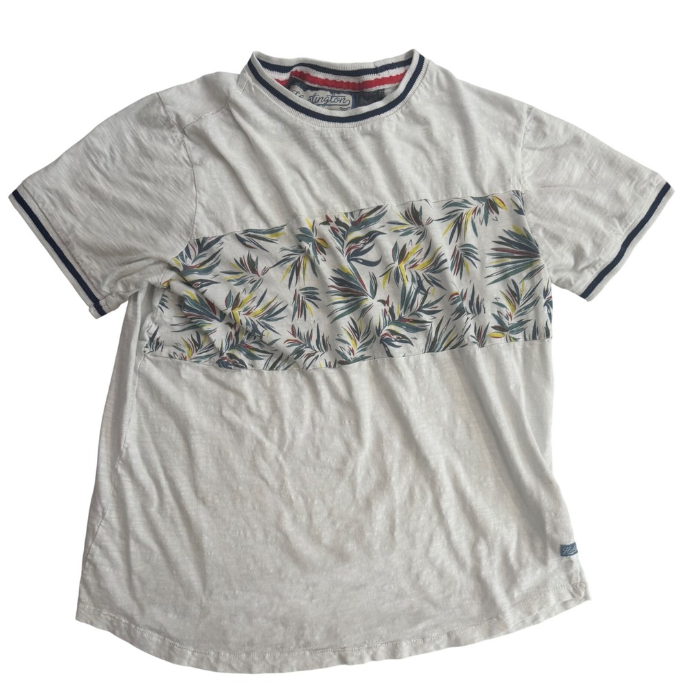Huntington Beach Club Mens Small White Slub Knit Tropical Leaf Stripe Trim Tee